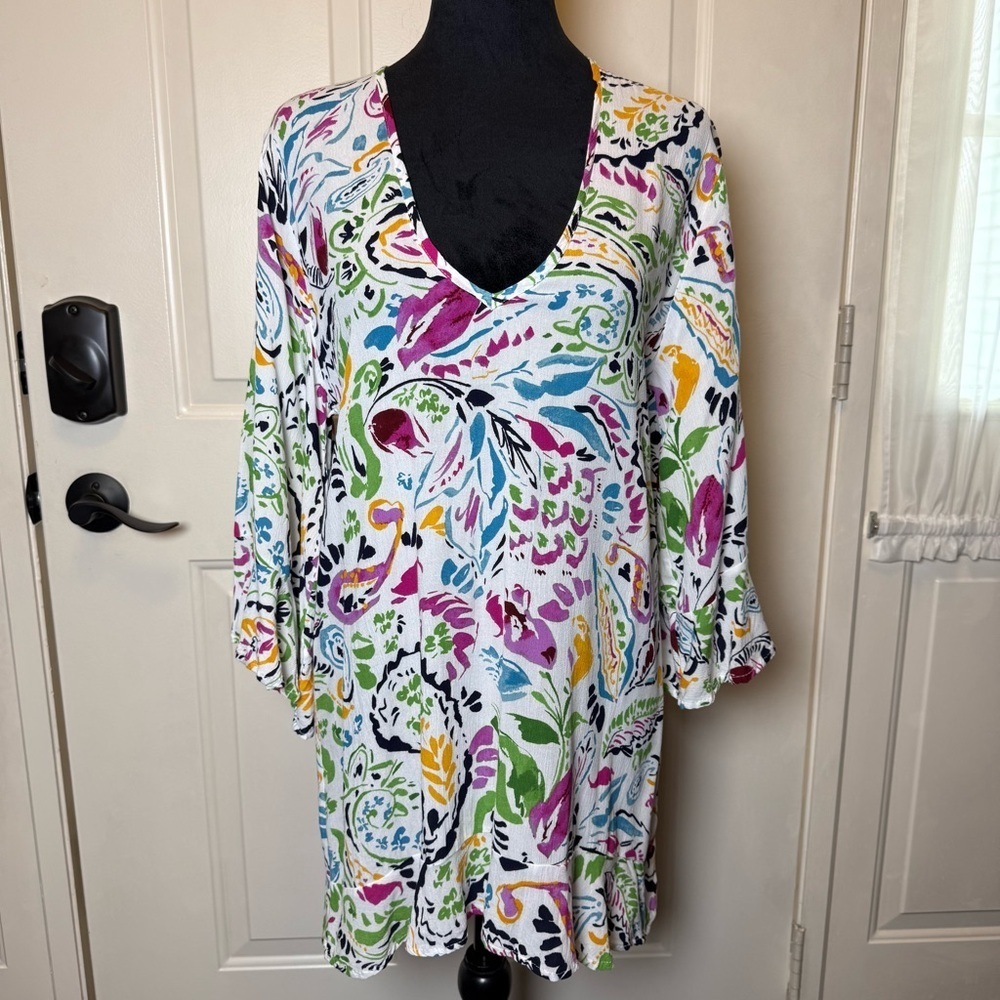 Anne Cole Estilo Abstract Floral V-Neck Cover-Up Sz XS Beach Swim
